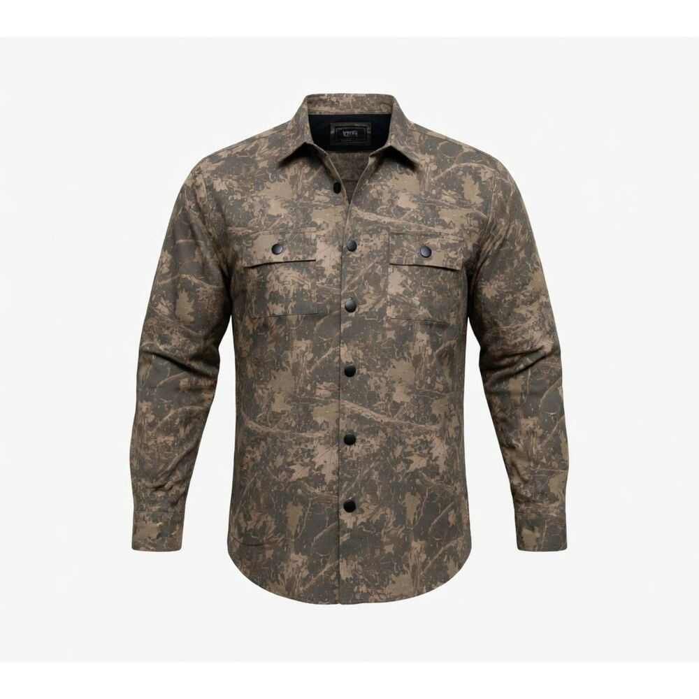 NoMad Camouflage Button-Front Canvas Shirt Men’s LARGE Khaki Tan Green Camo